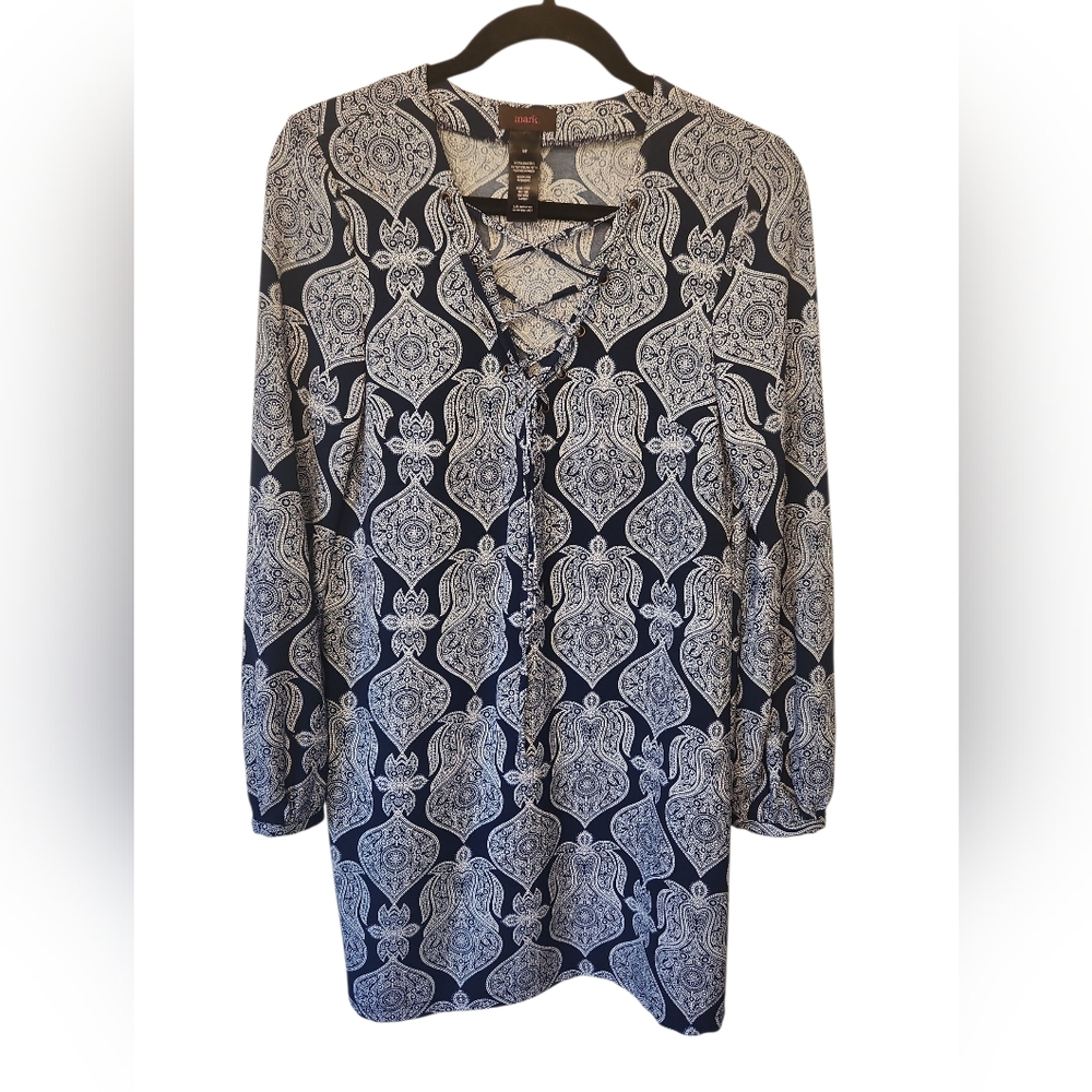 mark. Women's Blue/White Paisley Boho Teardrop HippieMotif Lace Up Neck Size SP